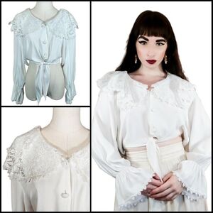 Vintage 1990s Lace Puritan Collar Poet Sleeve Tie Front Crop Top Blouse